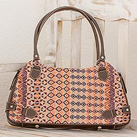 Leather accent cotton shoulder bag, 'Geometric Imagination' - Cotton and Espresso Leather Shoulder Handbag from Guatemala