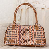 Leather accent cotton shoulder bag, 'Geometric Beauty' - Chestnut Leather Cotton Shoulder Handbag from Guatemala