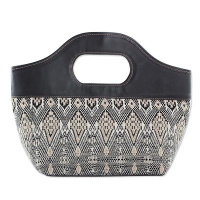 Black and Ivory Cotton and Leather Handle Handbag Guatemala
