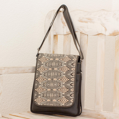 Leather and cotton messenger bag, 'Tricolor Kaleidoscope' - Artisan Crafted Leather and Cotton Messenger Bag