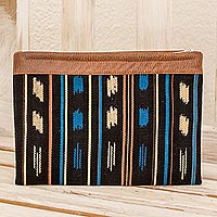 Leather accented cotton clutch, 'Aquatic Reflections' - Leather Accent Cotton Clutch Handbag from Guatemala