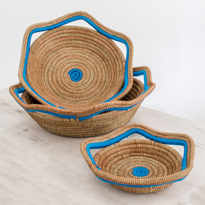 Pine needle baskets, 'River Waves' (set of 3) - Set of 3 Handmade Nicaraguan Blue Trim Pine Needle Baskets