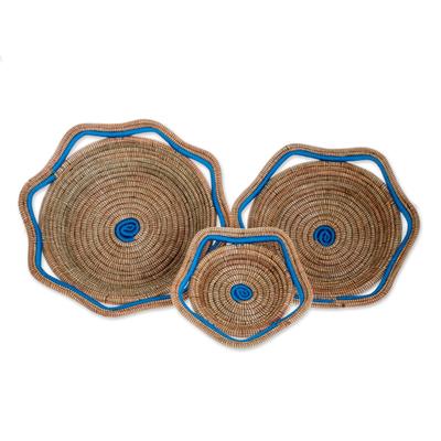 Set of 3 Handmade Nicaraguan Blue Trim Pine Needle Baskets
