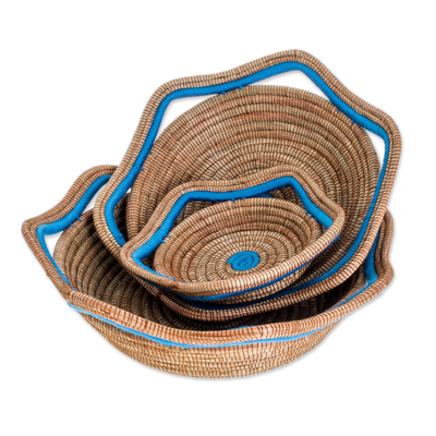 Pine needle baskets, 'River Waves' (set of 3) - Set of 3 Handmade Nicaraguan Blue Trim Pine Needle Baskets