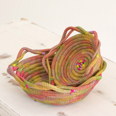 Pine needle baskets, 'Spontaneous Joy' (pair) - Two Multicolored Pine Needle Baskets from Nicaragua