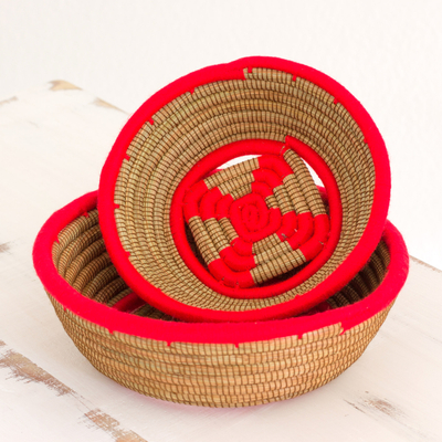 Pine needle baskets, 'Red Vibrancy' (pair) - Hand Made Pine Needle Baskets Red (Pair) from Nicaragua