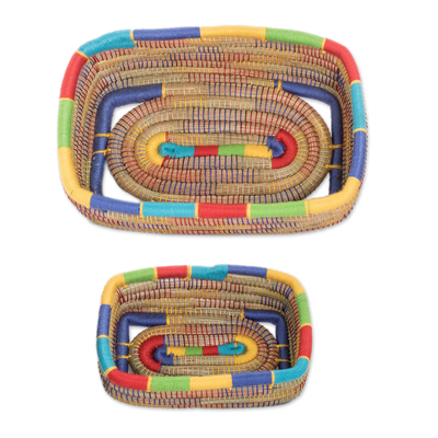 Pine needle baskets, 'Multicolored Managua' (pair) - Two Rainbow Trim Nicaraguan Handwoven Pine Needle Baskets