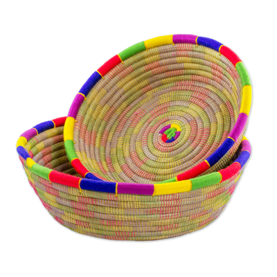 Round Multicolored Pine Needle Baskets (Pair) from Nicaragua
