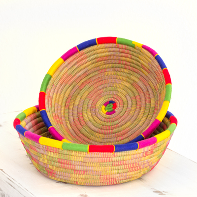 Pine needle baskets, 'Round Latin Rainbow' (pair) - Round Multicolored Pine Needle Baskets (Pair) from Nicaragua