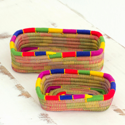 Pine needle baskets, 'Latin Rainbow' (pair) - Two Multicolour Rectangle Pine Needle Baskets from Nicaragua