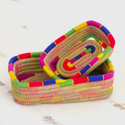 Pine needle baskets, 'Latin Rainbow' (pair) - Two Multicolour Rectangle Pine Needle Baskets from Nicaragua