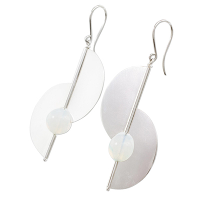 Opal dangle earrings, 'Modern Half-Moons' - Opal and Sterling Silver Modern Earrings from Nicaragua