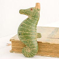 Ceramic ocarina flute, 'Melodic Seahorse' - Hand Made Seahorse Motif Ceramic Ocarina from Nicaragua