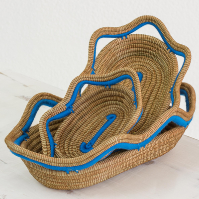 Pine needle baskets, 'Wavy Ocean' (set of 3) - Set of 3 Handwoven Blue Accent Pine Needle Baskets