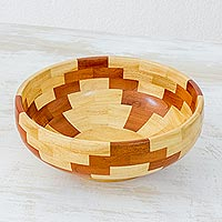 Mahogany and cypress wood salad bowl, 'Pyramidal Illusions' - Artisan Crafted Mahogany Cypress Wood Bowl from Guatemala