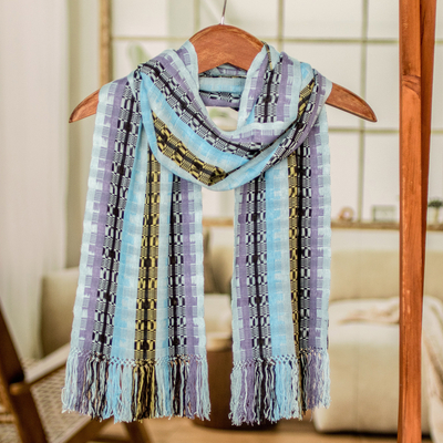 Rayon scarf, 'Multicolor Blue Bamboo' - Hand Woven Rayon Scarf in Shades of Blue and Lilac