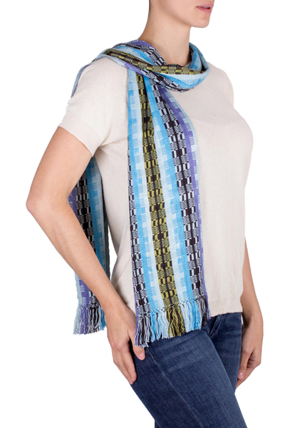 Rayon chenille scarf, 'Multicolor Blue Bamboo' - Hand Woven Rayon Scarf in Shades of Blue and Lilac