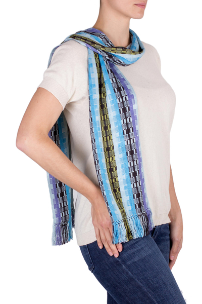 Rayon scarf, 'Multicolor Blue Bamboo' - Hand Woven Rayon Scarf in Shades of Blue and Lilac