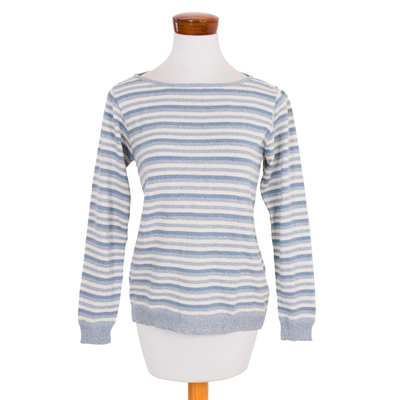 Baumwollpullover - Damenpullover aus weicher Baumwolle mit Streifen in Blau und Elfenbein