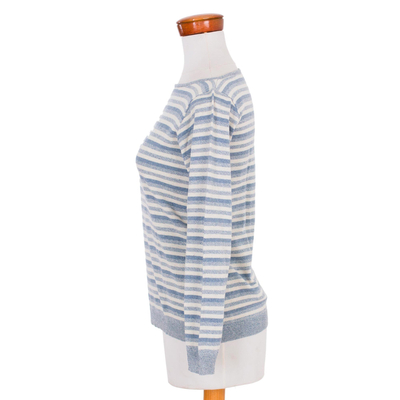 Cotton sweater, 'Wedgwood Horizon' - Women's Blue and Ivory Striped Soft Cotton Pullover Sweater