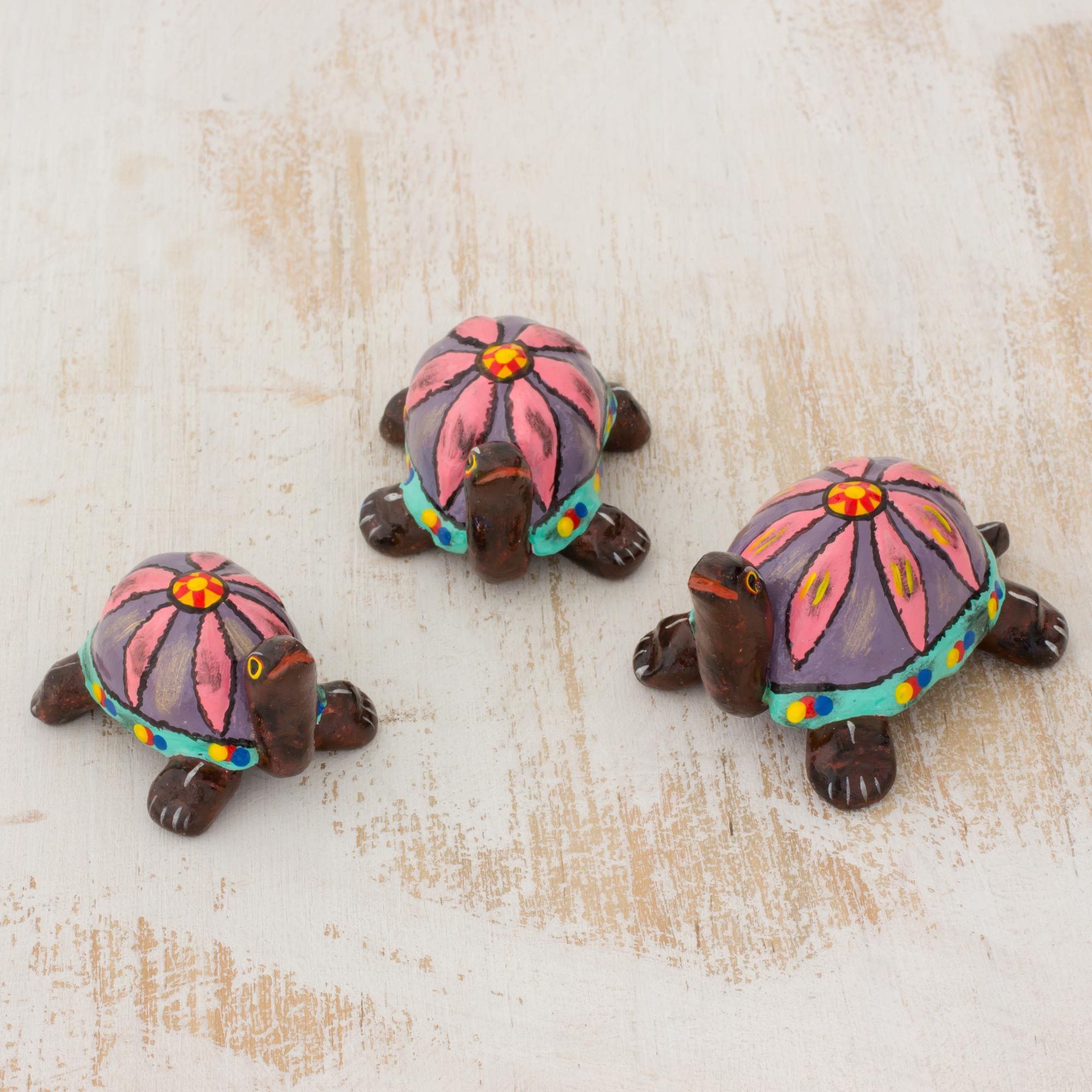 3 Handmade Ceramic Turtle Figurines with Pink Floral Shells - Pink ...