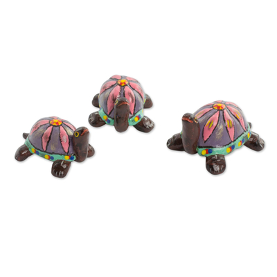 3 Handmade Ceramic Turtle Figurines with Pink Floral Shells