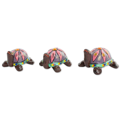 Figuras de cerámica, (juego de 3) - 3 figuras de tortugas de cerámica hechas a mano con conchas florales rosas