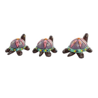 Figuras de cerámica, (juego de 3) - 3 figuras de tortugas de cerámica hechas a mano con conchas florales rosas
