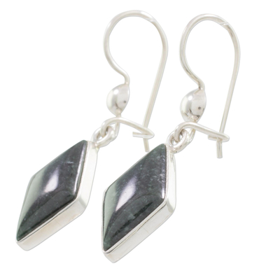Jade dangle earrings, 'Dark Verdant Diamond' - Very Dark Green Jade and Sterling Silver Dangle Earrings
