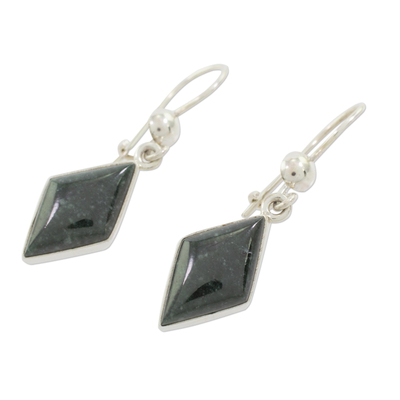 Jade dangle earrings, 'Dark Verdant Diamond' - Very Dark Green Jade and Sterling Silver Dangle Earrings