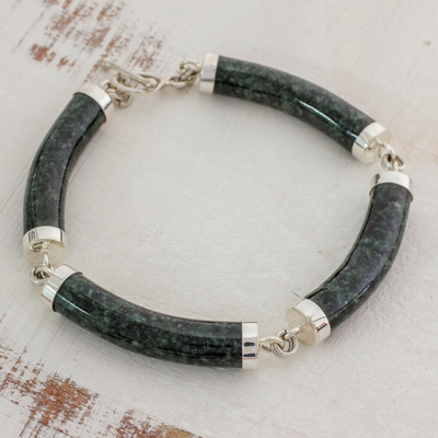 pulsera de eslabones de jade - Brazalete artesanal de jade verde oscuro y plata esterlina