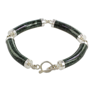 pulsera de eslabones de jade - Brazalete artesanal de jade verde oscuro y plata esterlina