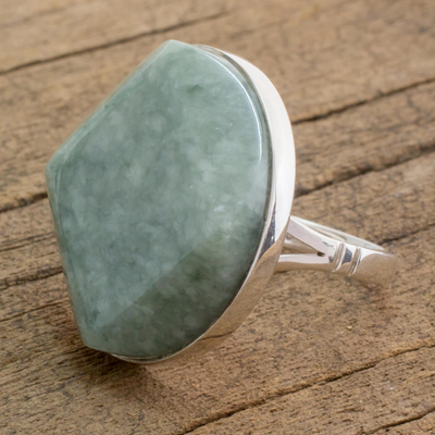 Jade cocktail ring, 'Love's Cycles in Apple Green' - Handcrafted Apple Green Maya Jade Ring in Sterling Silver