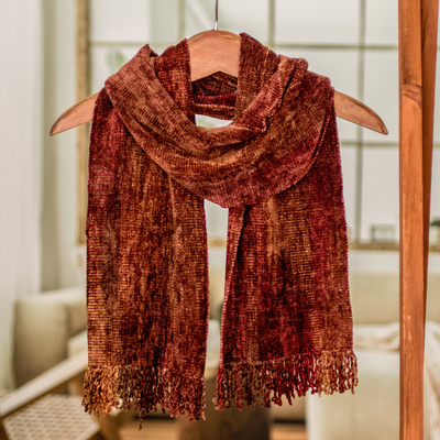 Rayon scarf, 'Orange Dreamer' - Handwoven Rayon Scarf in Orange and Red from Guatemala