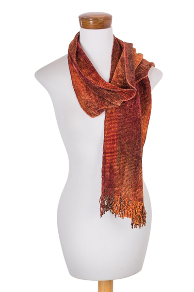 Rayon scarf, 'Orange Dreamer' - Handwoven Rayon Scarf in Orange and Red from Guatemala