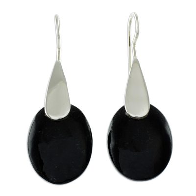 Jade drop earrings, 'Black Maya Jungle' - Dark Jade and Sterling Silver Drop Earrings from Guatemala