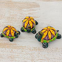 Ceramic figurines, 'Yellow Tropical Turtles' (set of 3) - 3 Handmade Ceramic Turtle Figurines with Floral Shells