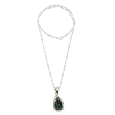 Jade pendant necklace, 'Teardrop Lasso' - Dark Green Teardrop Jade Pendant Necklace from Guatemala