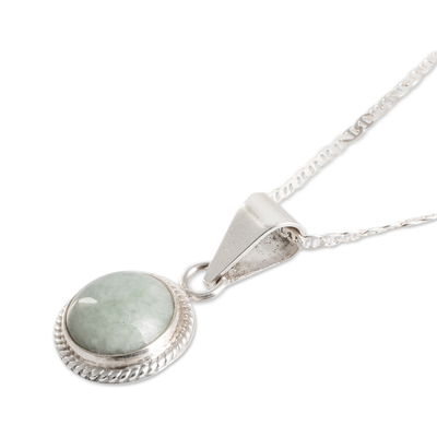 Jade pendant necklace, 'Mixco Moon' - Round Jade and 925 Silver Pendant Necklace from Guatemala