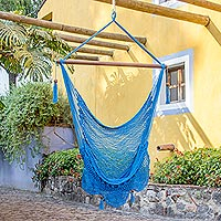 Cotton hammock swing chair, 'Above the Sea' - Single Cotton Hammock Swing in Cerulean from Nicaragua