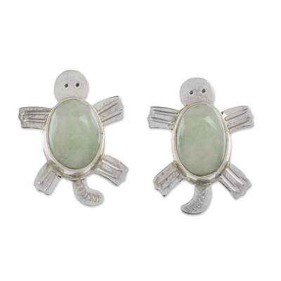 Jade button earrings, 'Apple Green Marine Turtles' - Handcrafted Sterling Silver Sea Turtle Jade Earrings