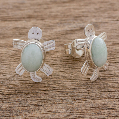 Jade button earrings, 'Apple Green Marine Turtles' - Handcrafted Sterling Silver Sea Turtle Jade Earrings