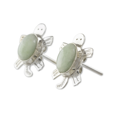 Pendientes de botón de jade - Pendientes de jade de tortuga marina de plata esterlina hechos a mano