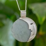Jade pendant necklace, 'Face of the Moon in Dark Green' - Guatemalan Jade Crescent Moon Pendant Necklace