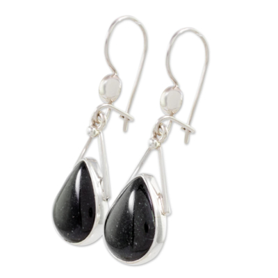 Jade dangle earrings, 'Drops of Peace in Black' - Black Jade and 925 Silver Teardrop Earrings from Guatemala