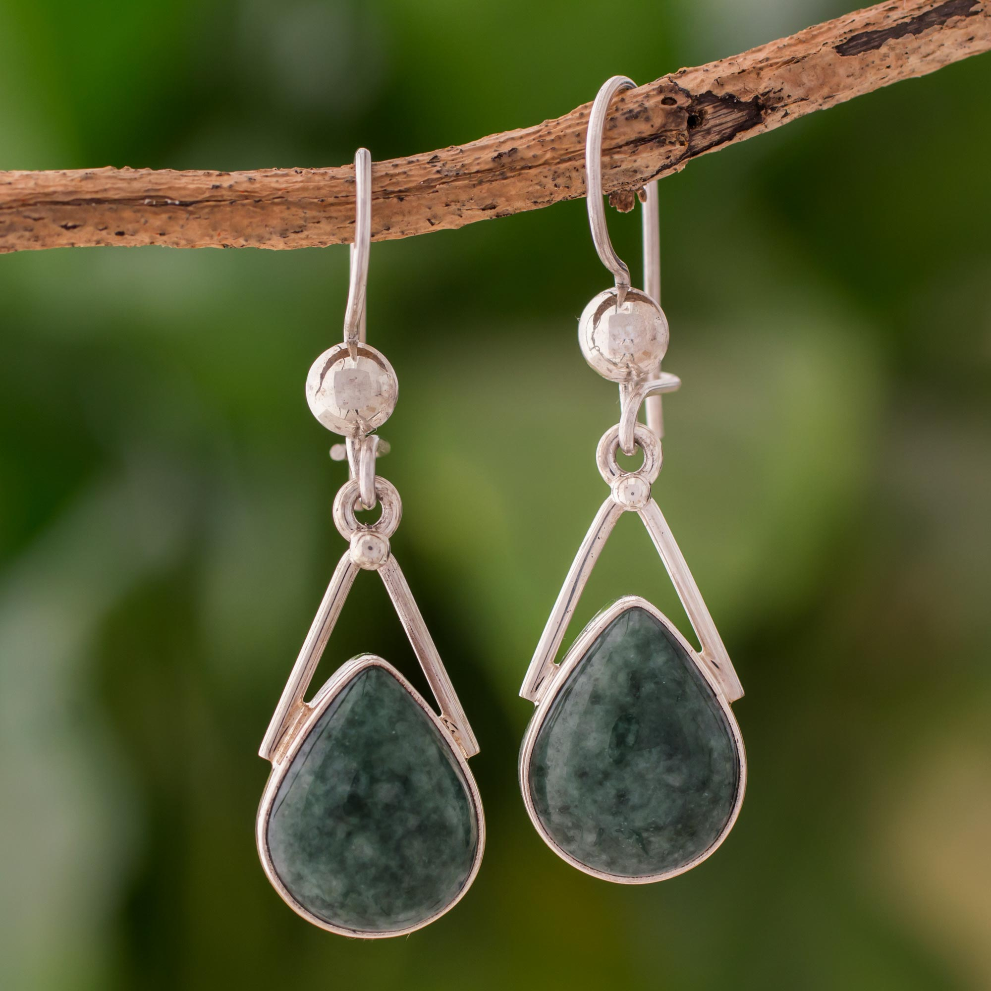 Green Jade and Sterling Silver Teardrop Earrings from Mexico, 'Drops of  Peace'