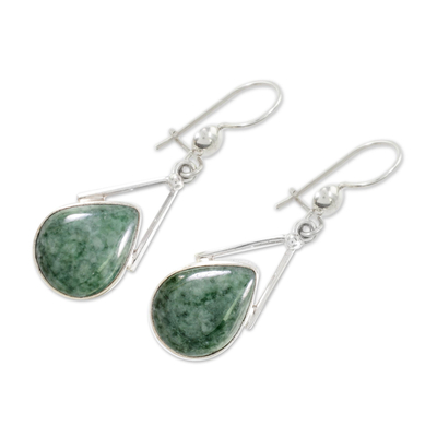 Jade dangle earrings, 'Drops of Peace' - Green Jade and Sterling Silver Teardrop Earrings from Mexico