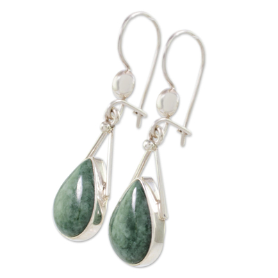 Jade dangle earrings, 'Drops of Peace' - Green Jade and Sterling Silver Teardrop Earrings from Mexico