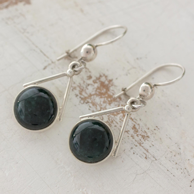 Jade dangle earrings, 'Circle of Peace' - Dark Green Jade Circular Dangle Earrings from Mexico