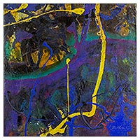 'Luces en tus venas' - Pintura abstracta azul y violeta con acentos amarillos